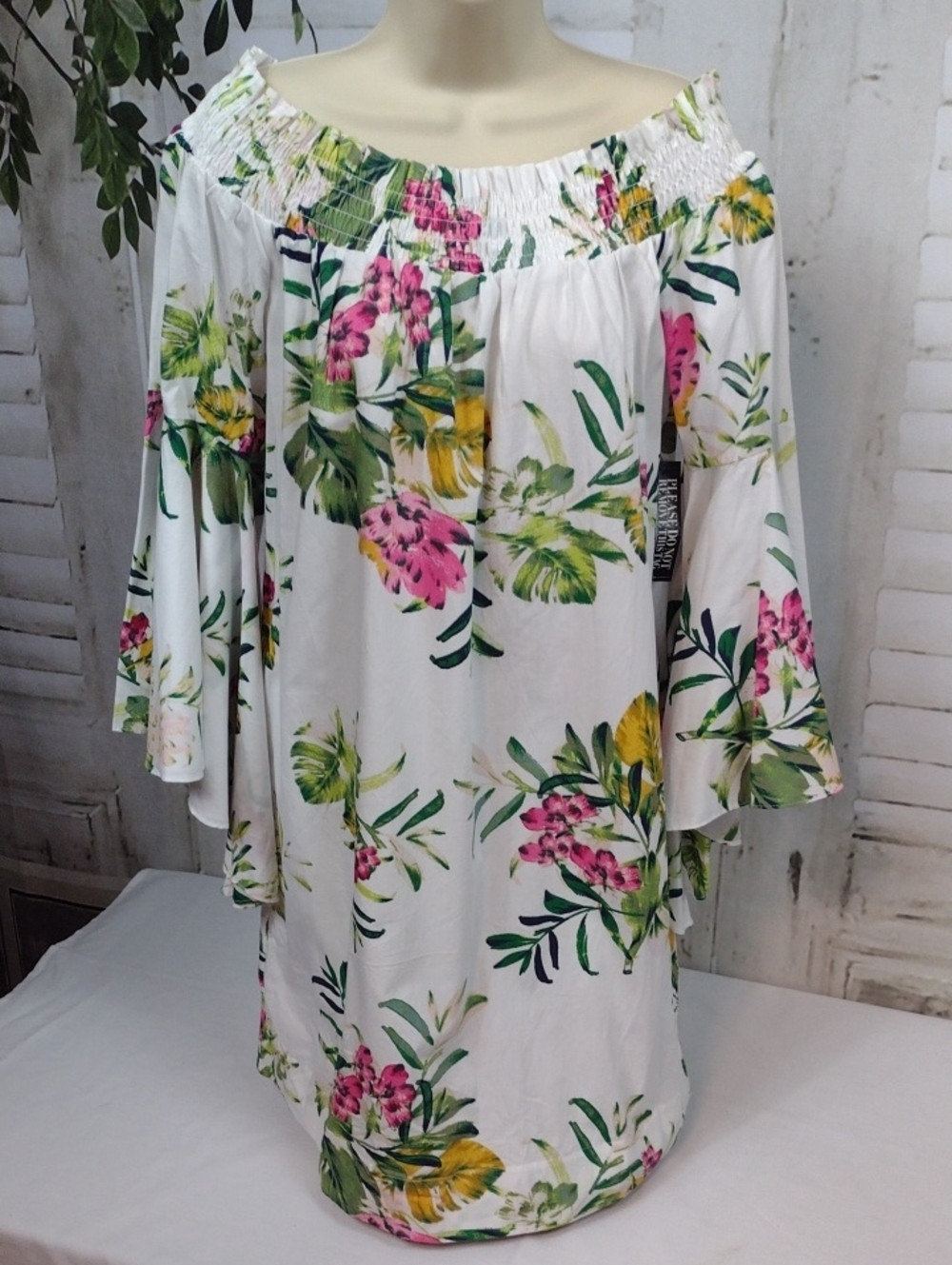 New York & Company White Floral Smocked Dress Bell Sleeves Size M